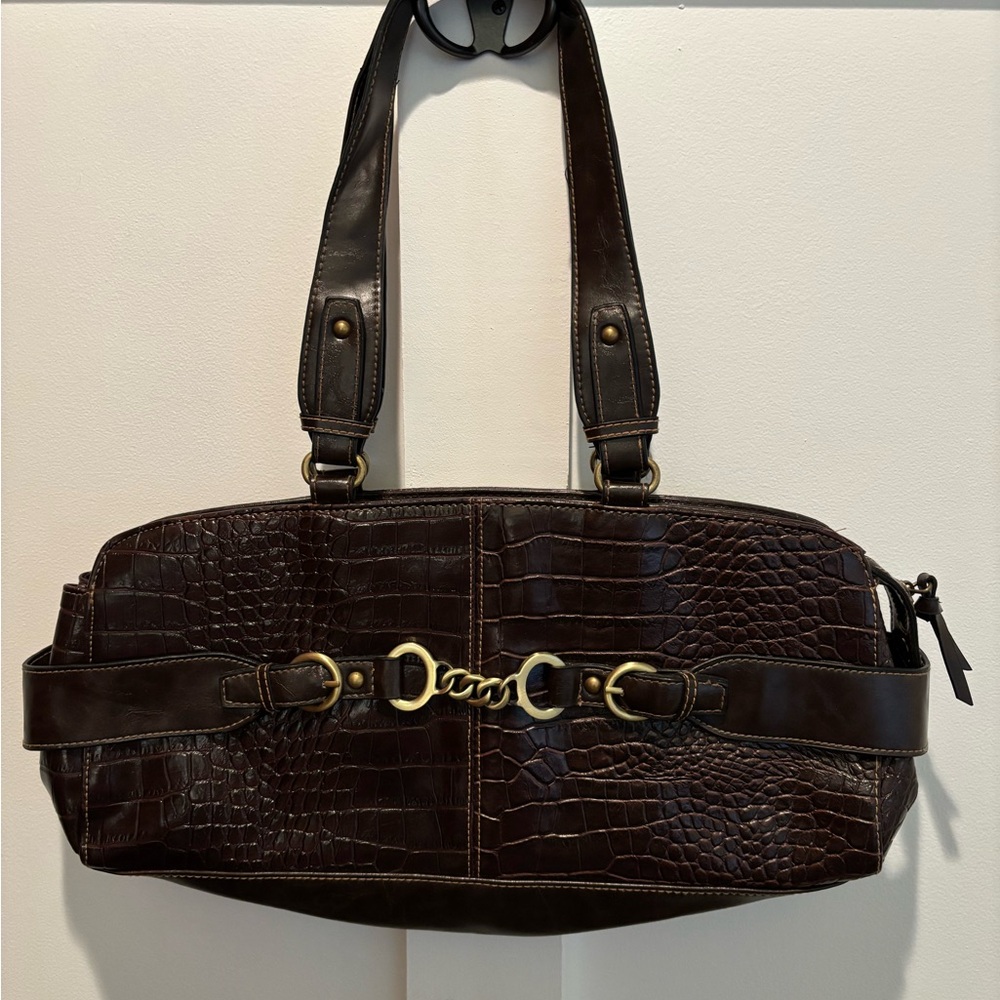 Brown Vinyl Crocodile-Embossed Women's Shoulder Bag